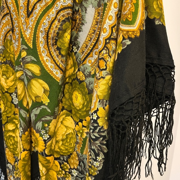 Traditional shawl in green and yellow flowers on black, 57 in/145 cm square. - Picture 4 of 13